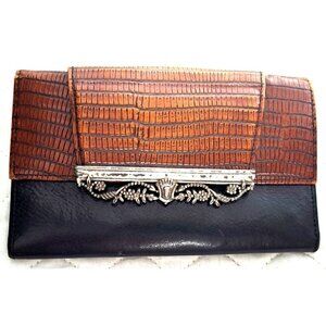 Vintage Brighton Leather Clutch Wallet Snap Closure Black and Brown FLAW